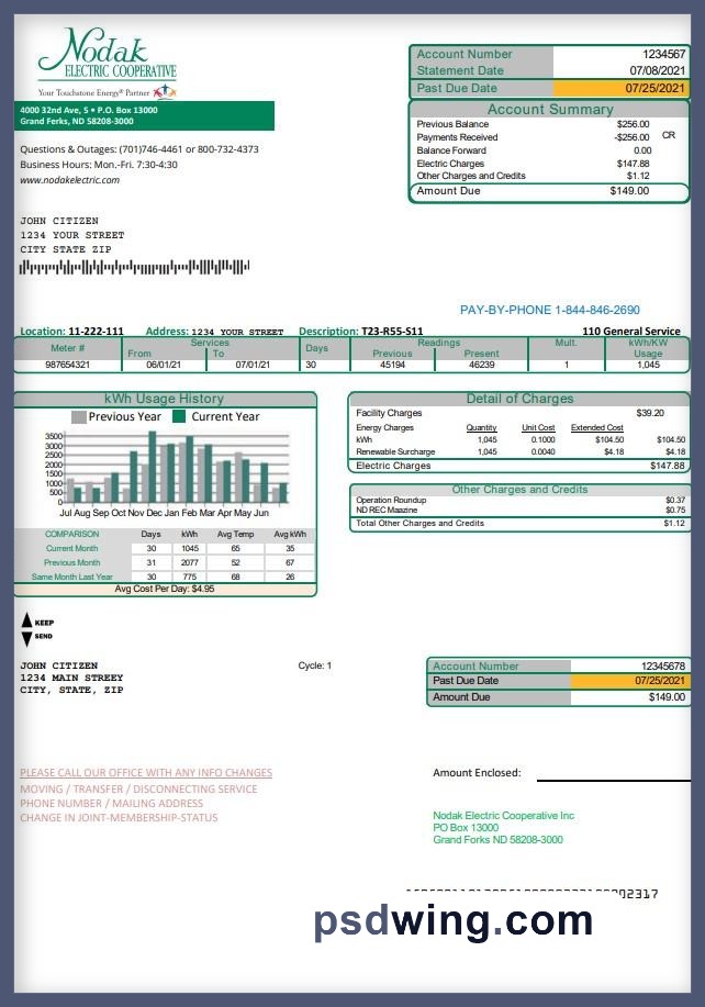 USA North Dakota Nodak Electric Cooperative Utility Bill